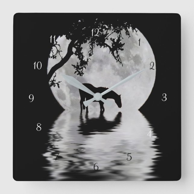 Fantasy Full Moon och Horse Land Fyrkantig Klocka (Framsida)
