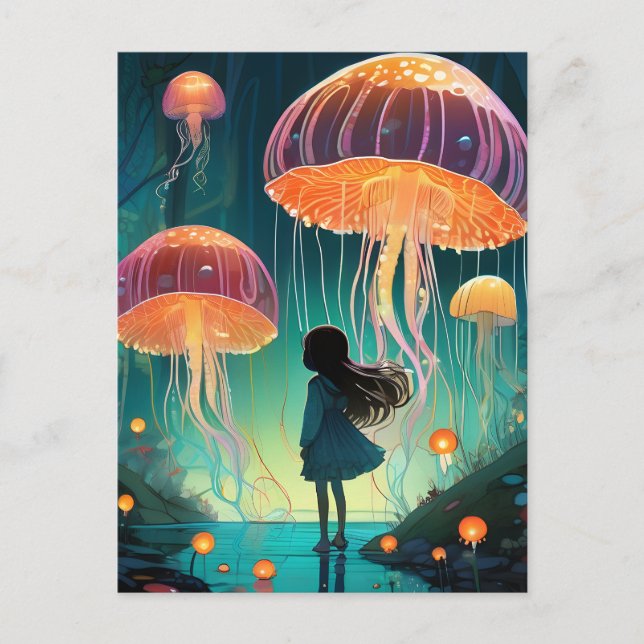 Fantasy Girl and Jellyfish Flytande i Himmel Vykort (Framsida)