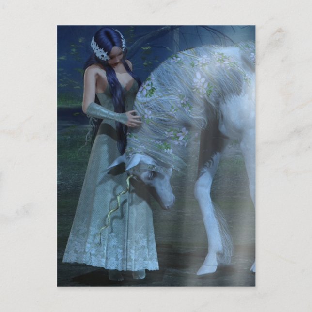 Fantasy Girl and Unicorn in Moonlight Vykort (Framsida)