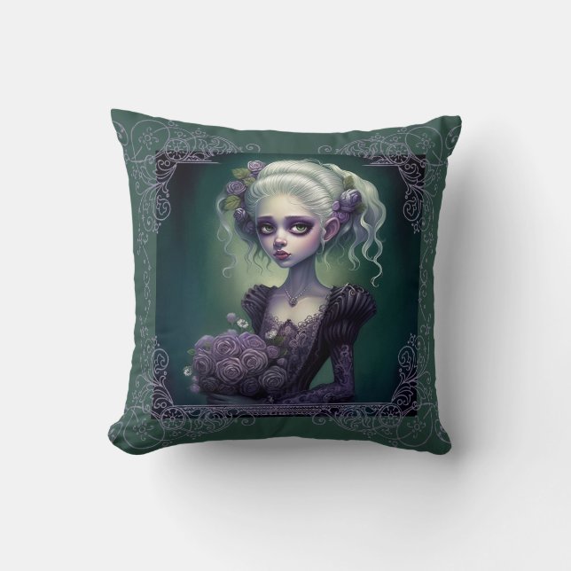 Fantasy Girl Cute in Grönt Goth Pillow Kudde (Framsida)