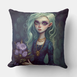 Fantasy Girl in Grönt, Creepy Cute Goth Pillow Kudde