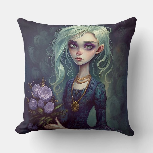 Fantasy Girl in Grönt, Creepy Cute Goth Pillow Kudde (Framsida)