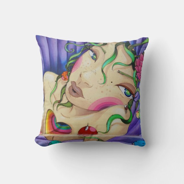 Fantasy Girl Sketched Street Art Lila Pillow Kudde (Framsida)