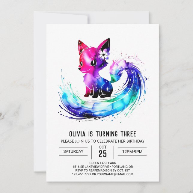 Fantasy Girly Fox Digital Girl Birthday Inbjudningar (Framsida)