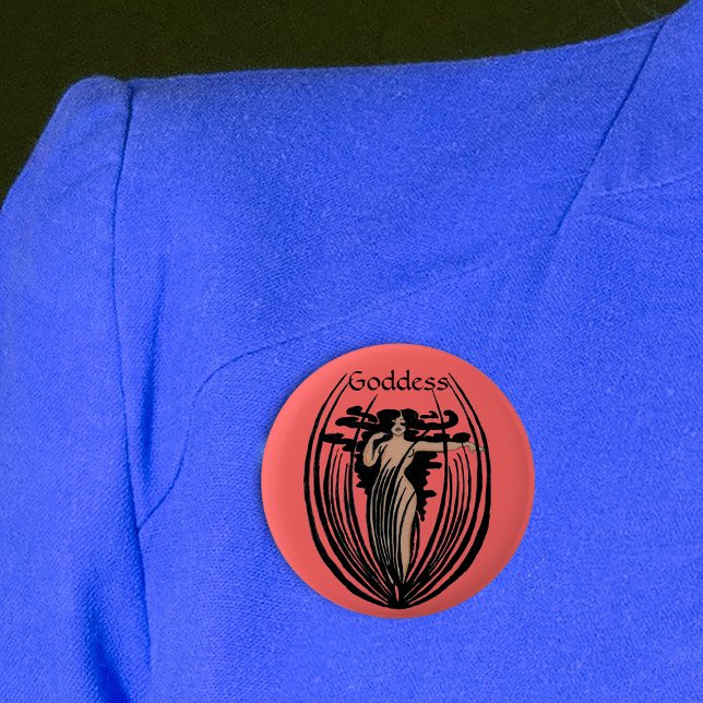 Fantasy Goddess Button Knapp (Goddess woman long black hair in abstract black flower pod on round salmon coloured pin back button.)