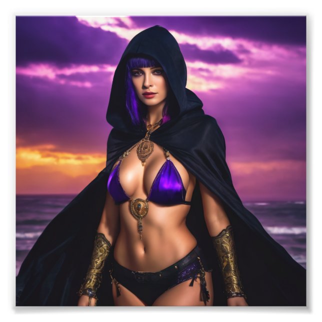 Fantasy Gothic Warlock Babe in Cloak Sunset Fototryck (Framsidan)