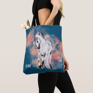 Fantasy Grått Horse Rosa Clouds Monogram Tygkasse