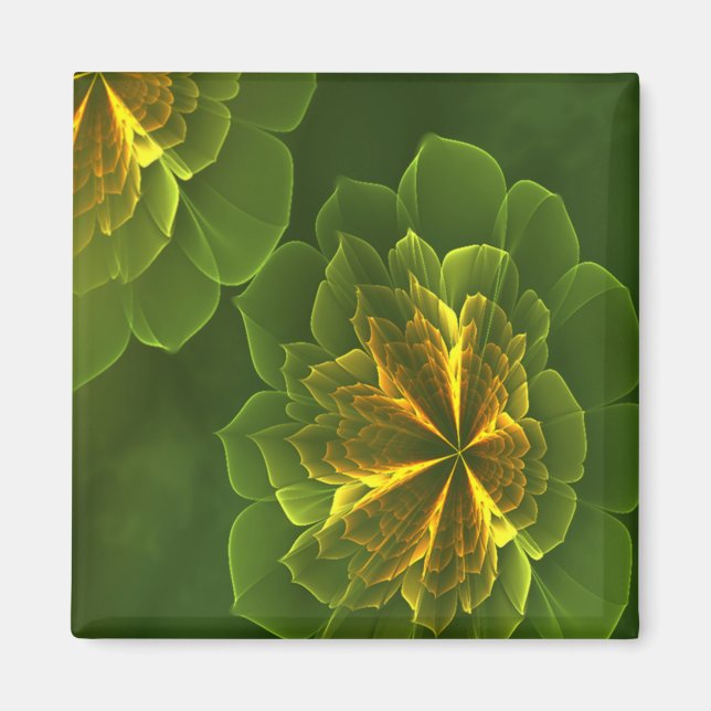 Fantasy Grönt Gult Fractal Flowers Magnet (Framsidan)