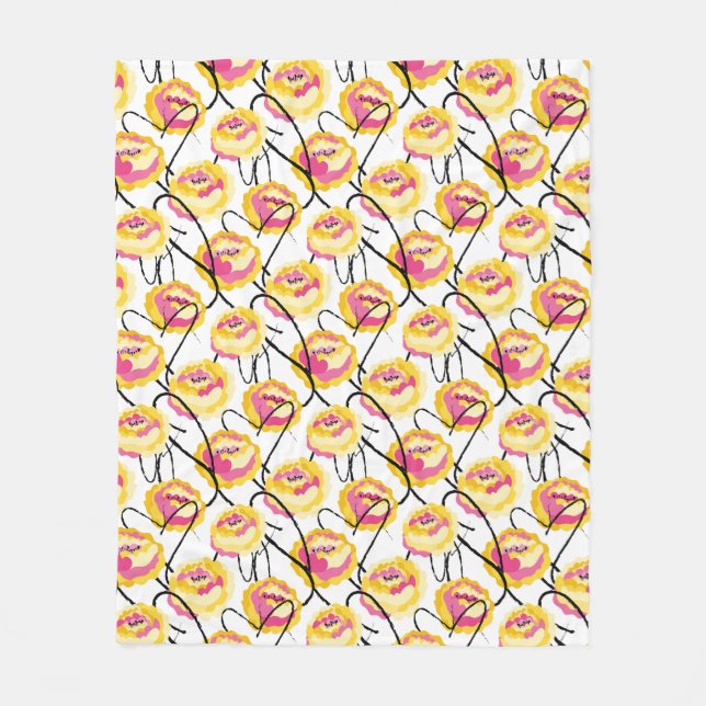 Fantasy gula rosor svarta grunge bläcklinjer  fleecefilt (Framsidan)