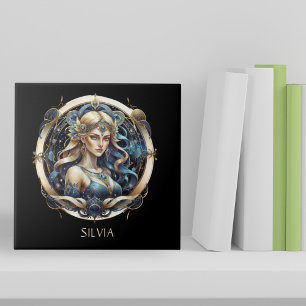Fantasy Guld Blue Celestial Zodiac Sol Sign Våg Kakelplatta