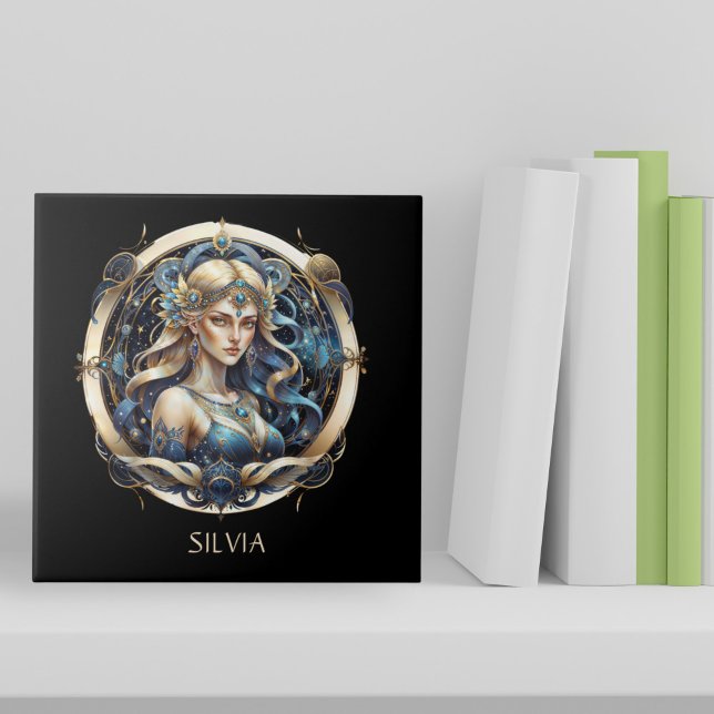 Fantasy Guld Blue Celestial Zodiac Sol Sign Våg Kakelplatta (Skapare uppladdad)