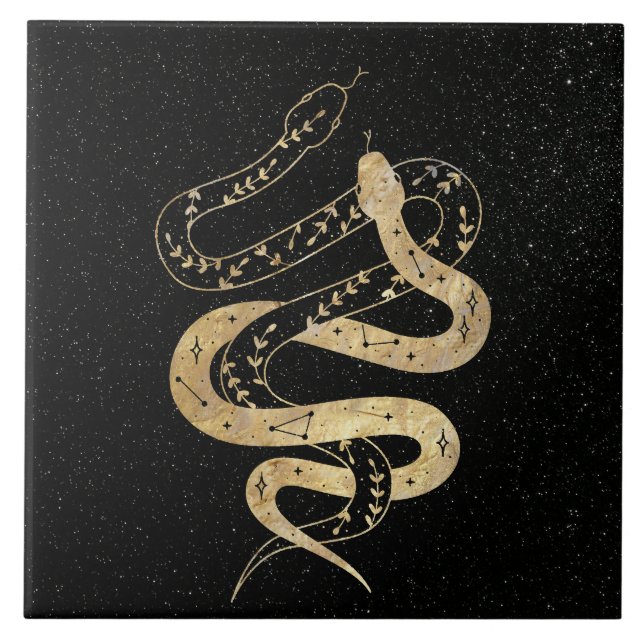 Fantasy Guld och Black Mystical Snakes Kakelplatta (Framsidan)