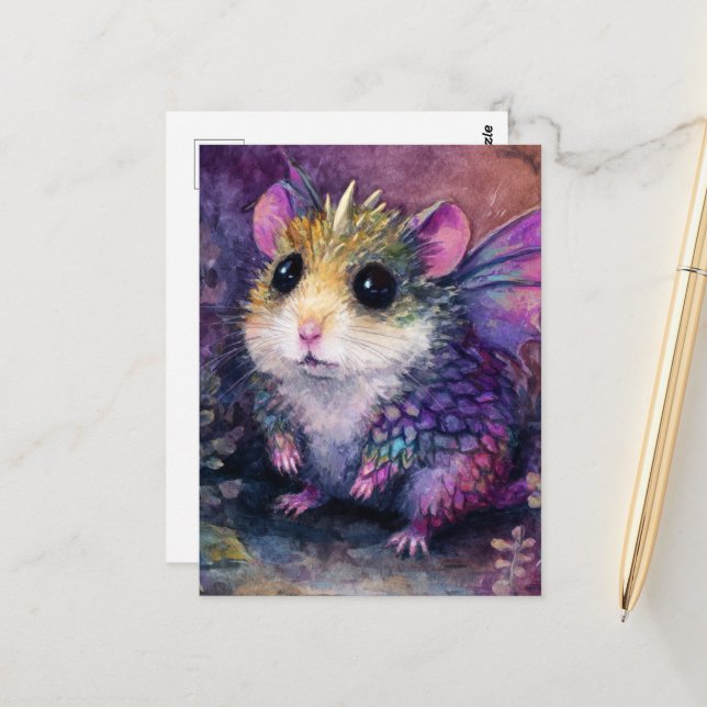 Fantasy Hamster Dragon Watercolor Vykort (Fram/Back In Situ)