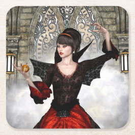 Fantasy Häxa - Medeltida Slott Halloween Konst Underlägg Papper Kvadrat