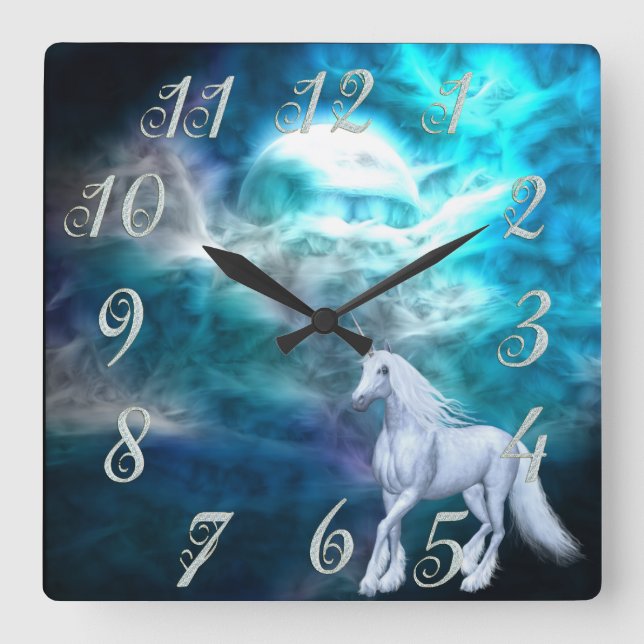 Fantasy Himlar Unicorn Wall Clock Fyrkantig Klocka (Framsida)