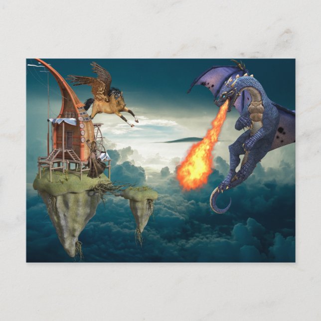 Fantasy Himmel Battle Dragon Pegasus Vykort (Framsida)
