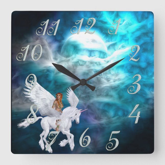 Fantasy Himmel Pegasus Wall Clock Fyrkantig Klocka (Framsida)