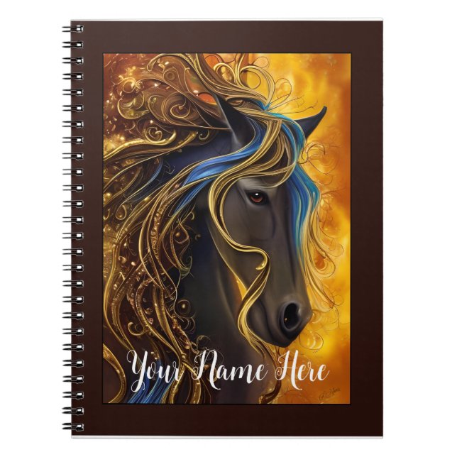 Fantasy Horse in Black & Guld, redigerbar bärbar d Anteckningsbok (Framsidan)