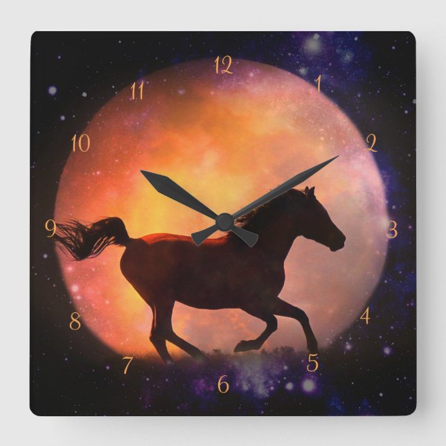 Fantasy Horse och Måne Clock Fyrkantig Klocka (Framsida)