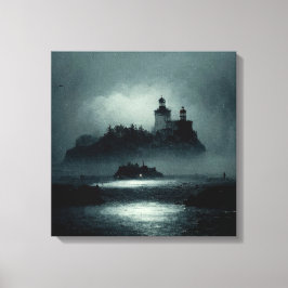 Fantasy Island Lighthouse Misty Foggy Mörk Natt Canvastryck