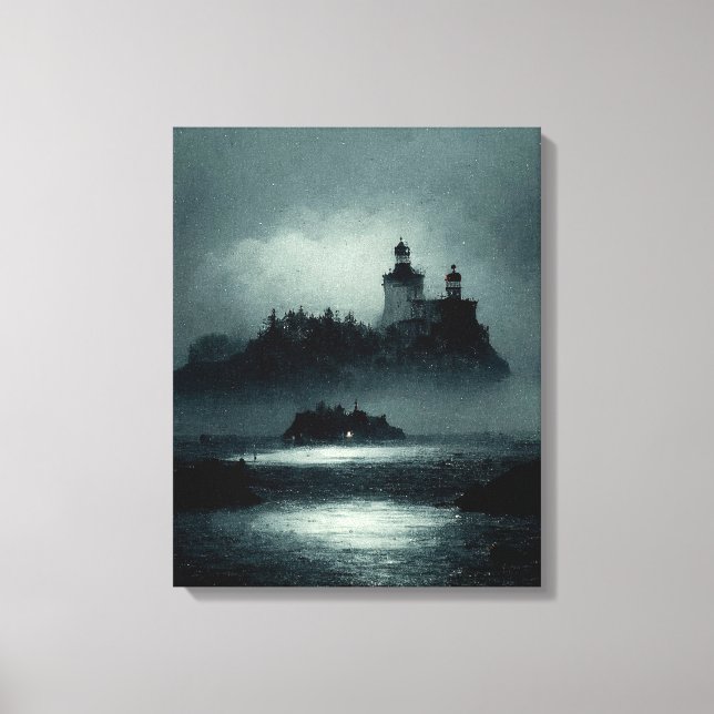 Fantasy Island Lighthouse Misty Foggy Mörk Natt Canvastryck (Framsida)