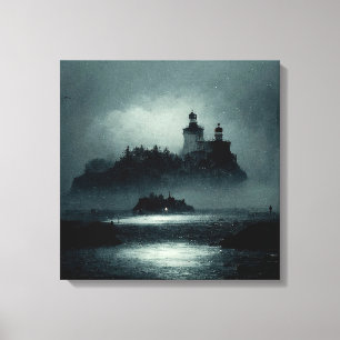 Fantasy Island Lighthouse Misty Foggy Mörk Natt Canvastryck