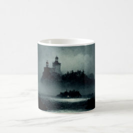 Fantasy Island Lighthouse Misty Foggy Mörk Natt Kaffemugg