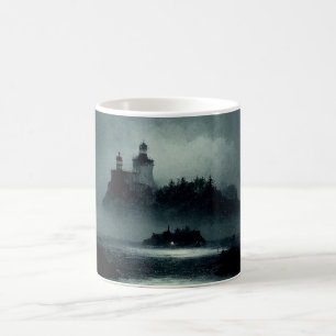 Fantasy Island Lighthouse Misty Foggy Mörk Natt Kaffemugg