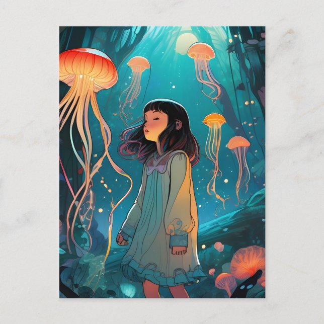 Fantasy Jellyfish Forest Girl Vykort (Framsida)