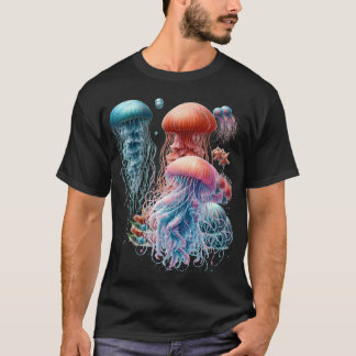 Fantasy jellyfish in pastel turquoise and orange t shirt