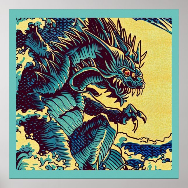 Fantasy Kaiju Anime - Woodcut 1 Poster (Framsidan)