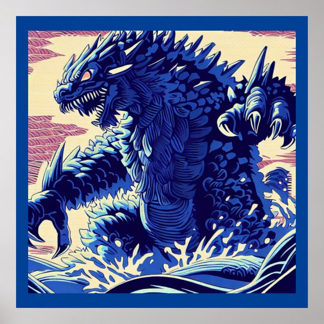 Fantasy Kaiju Anime - Woodcut 2 Poster (Framsidan)