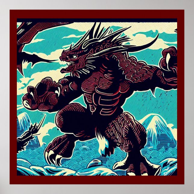 Fantasy Kaiju Anime - Woodcut 3 Poster (Framsidan)