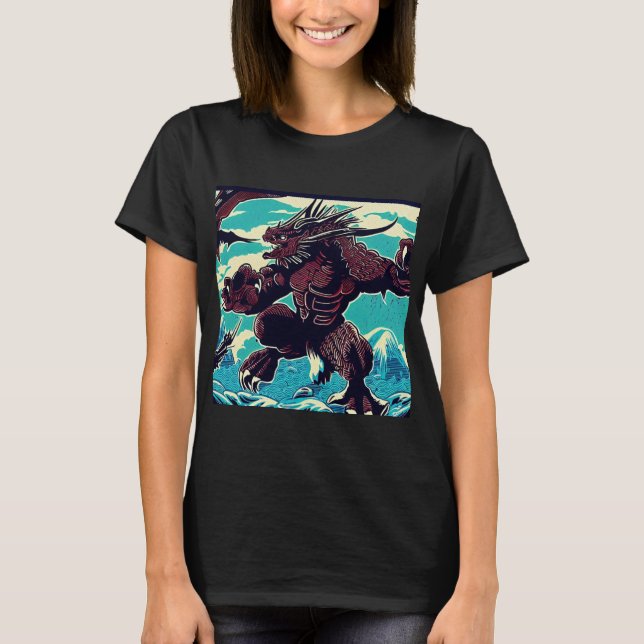 Fantasy Kaiju Anime - Woodcut 3 T Shirt (Framsida)