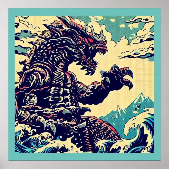 Fantasy Kaiju Anime - Woodcut 4 Poster (Framsidan)