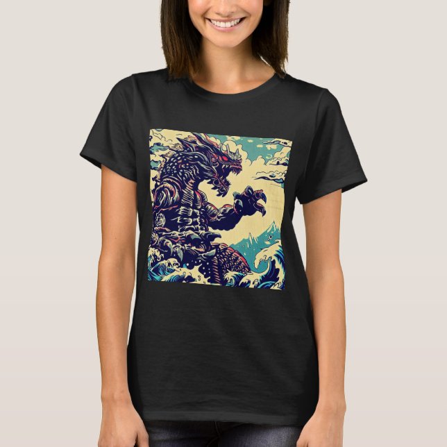 Fantasy Kaiju Anime - Woodcut 4 T Shirt (Framsida)