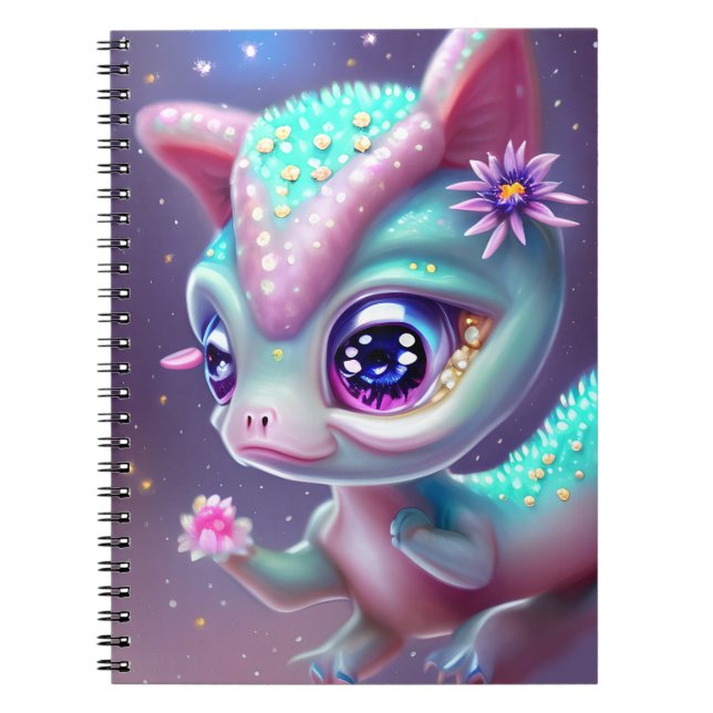 Fantasy Kawaii söt och vidsträckt baby dinosaur Anteckningsbok (Framsidan)