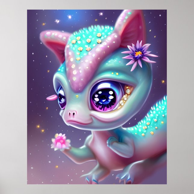 Fantasy Kawaii söt och vidsträckt baby dinosaur Poster (Framsidan)