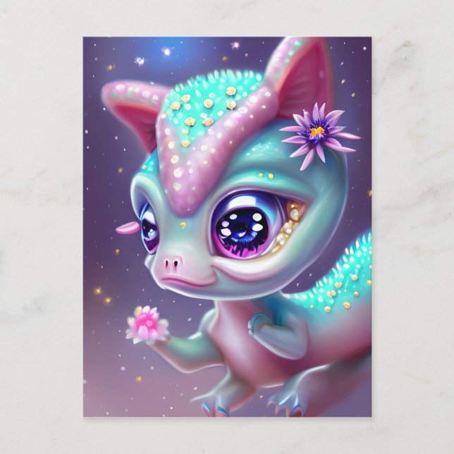 Fantasy Kawaii söt och vidsträckt baby dinosaur Vykort (Framsida)