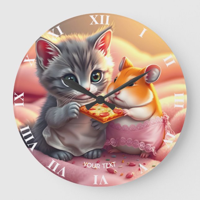 Fantasy Kute Hamster Pizza Stor Klocka (Framsida)