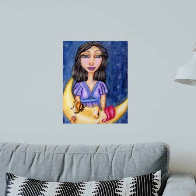 Fantasy Lady som håller sovande halvmåne Poster (Fantasy woman purple dress yellow sleeping crescent moon on dark night blue art wall poster.)