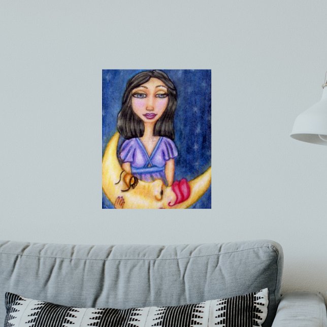 Fantasy Lady som håller sovande halvmåne Poster (Fantasy woman purple dress yellow sleeping crescent moon on dark night blue art wall poster.)