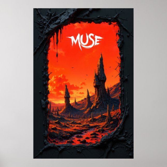 Fantasy landscape with fiery sky and towering poster (Framsidan)