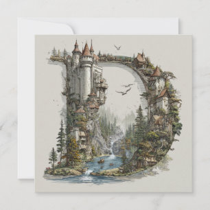 Fantasy Letter D med slott i himlen saga bok Julkort