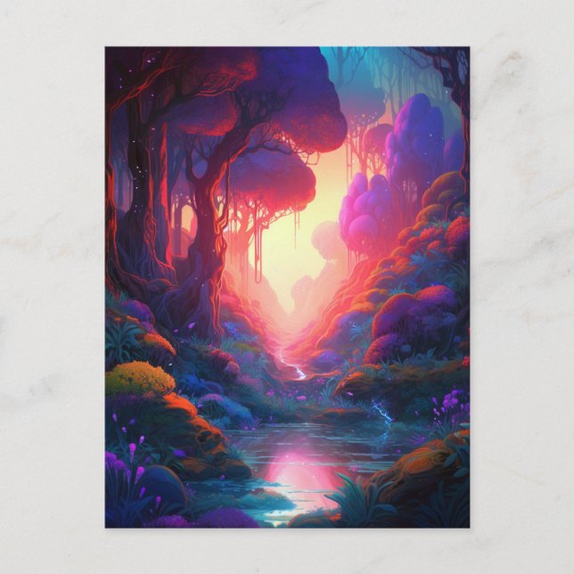 Fantasy Ligcape Forest Colorful Surreal Postcard Vykort (Framsida)
