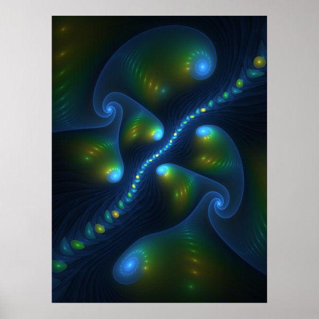Fantasy Lights Abstrakt Blå Grön Gul Fraktal Poster (Framsidan)