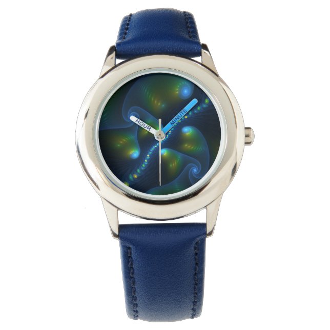 Fantasy Ljus Abstrakt Blue Grönt Gult Fractal Armbandsur (Framsida)