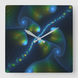 Fantasy Ljus Abstrakt Blue Grönt Gult Fractal Fyrkantig Klocka