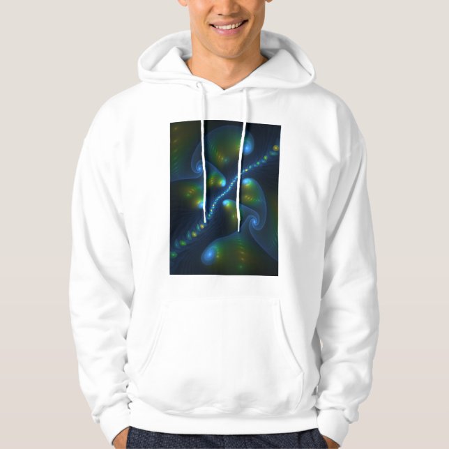 Fantasy Ljus Abstrakt Blue Grönt Gult Fractal Hoodie (Framsida)