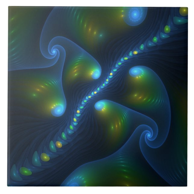 Fantasy Ljus Abstrakt Blue Grönt Gult Fractal Kakelplatta (Framsidan)